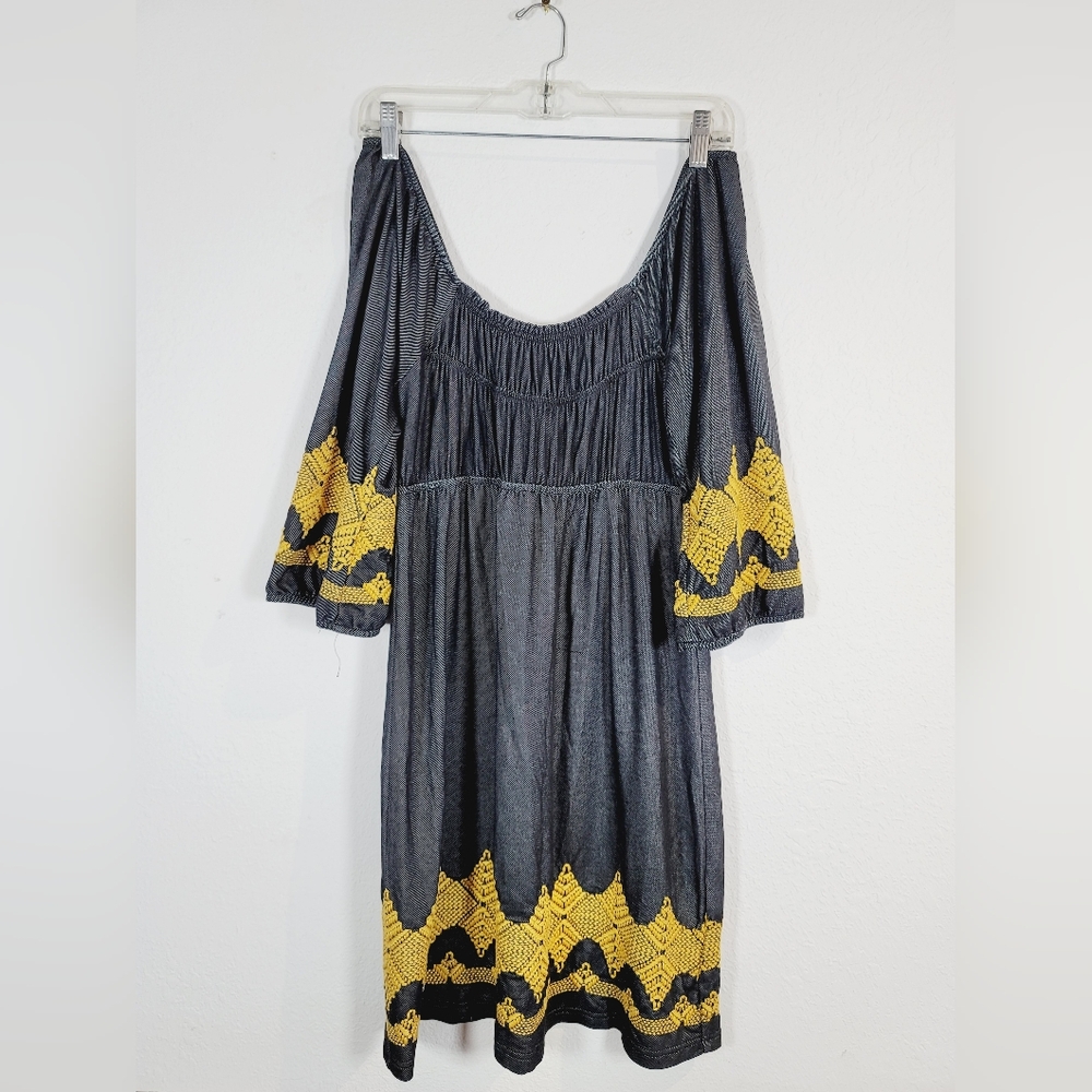 UNCLE FRANK Elegant Off-Shoulder Dress with Mustard Embroidery, Size Small
